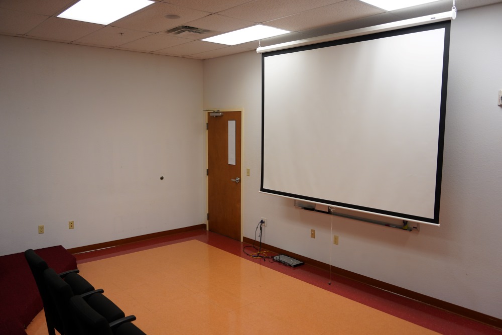 Small theater-style room with black seats facing a projector screen